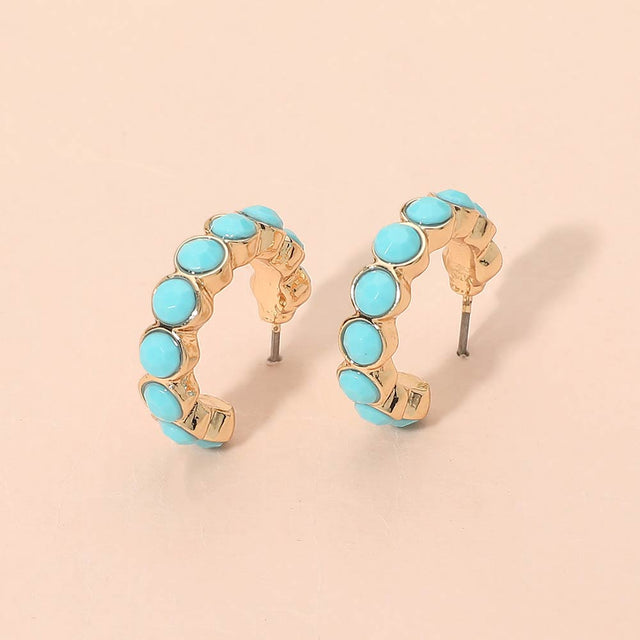 Madeline Love Gold, Turquoise Stone Bezel Around Open Hoop Earrings