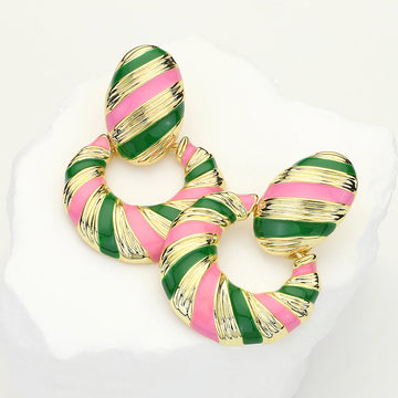 Madeline Love Gold, Pink&Green 14K gold Dipped Enamel Bold Striped Drop Earrings