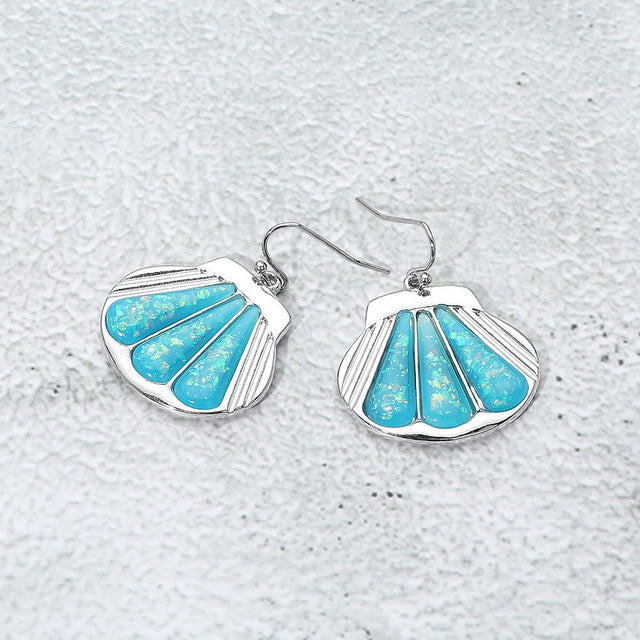 Madeline Love Aqua, Rhodium Glittered Enamel Accent Sea Shell Dangle Earrings