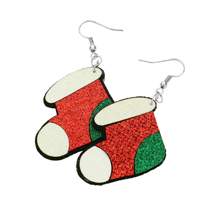 Red, Rhodium Christmas Socks Dangle Earrings
