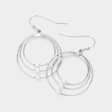 Madeline Love Cream, Rhodium Pearl Pointed Abstract Triple Open Circle Dangle Earrings