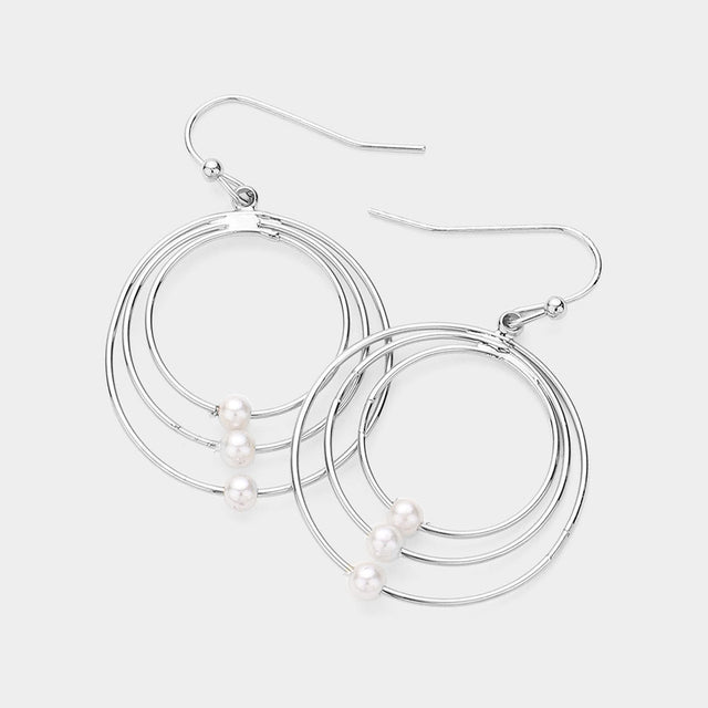 Madeline Love Cream, Rhodium Pearl Pointed Abstract Triple Open Circle Dangle Earrings
