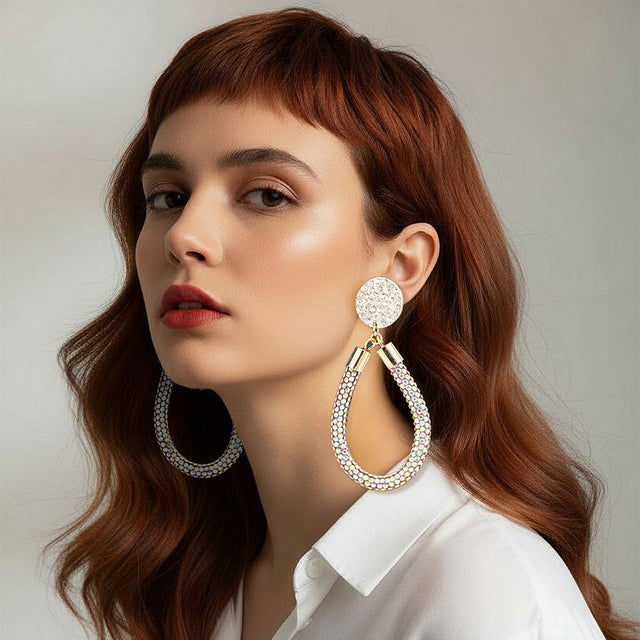 Madeline Love AB, Gold Rhinestone Pave Open Teardrop Dangle Earrings