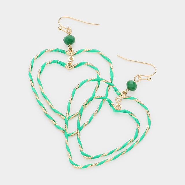 Madeline Love Gold, Green Raffia Wrapped Double Open Heart Link Dangle Earrings