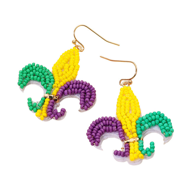 Multi Felt Back Mardi Gras Seed Beaded Fleur de Lis Dangle Earrings