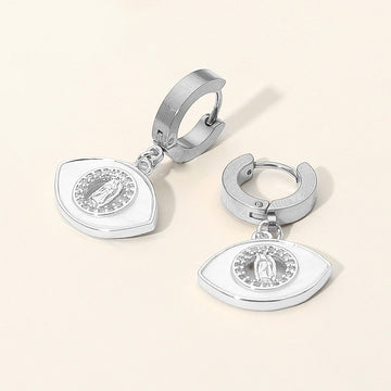 Madeline Love Mother of Pearl, Silver Stainless Steel Mother of Pearl CZ Stone Rim Virgin Mary Accent Evil Eye Charm Dangle Huggie Earrings