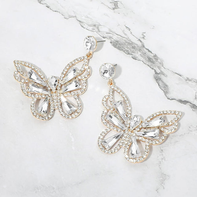 Madeline Love Clear, Gold Crystal Butterfly Drop Dangle Statement Earrings