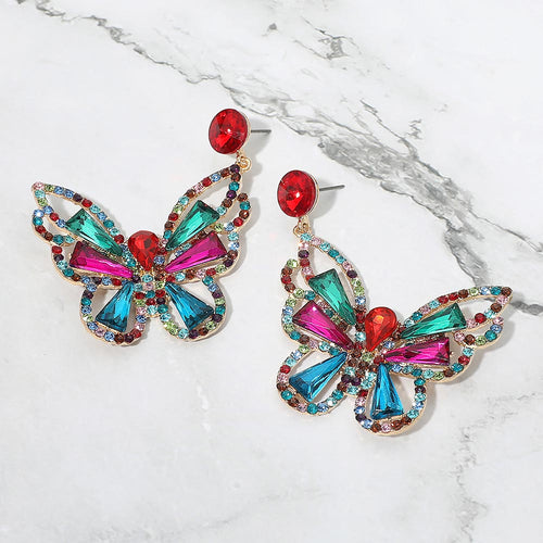 Crystal Butterfly Drop Dangle Statement Earrings - Gold, Multi