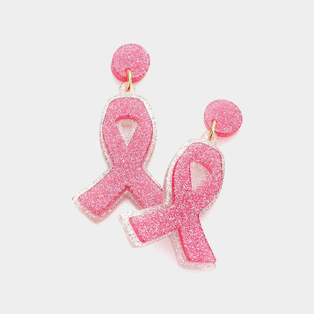 Madeline Love Pink Glittered Resin Pink Ribbon Dangle Earrings