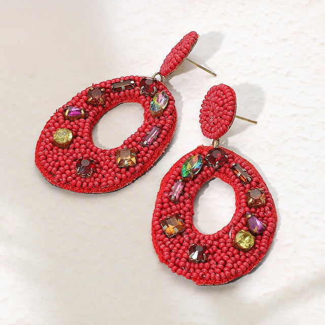 Madeline Love Burgundy, Gold Multi Stone Embellished Seed Beaded Cutout Oval Dangle Earrings
