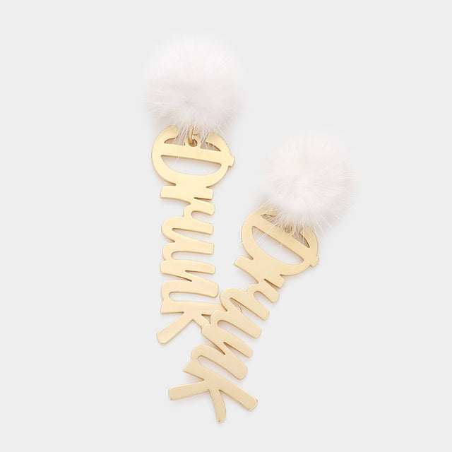 Madeline Love Gold Pom Pom Metal Drunk Message Link Dangle Earrings
