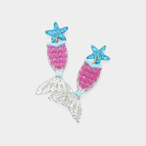 Glittered Resin Starfish Mermaid Tail Dangle Earrings - Gold, Multi