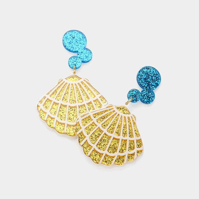 Gold, Ivory Glittered Resin Sea Shell Dangle Earrings