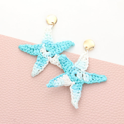 Woven Raffia Starfish Dangle Earrings - Aqua