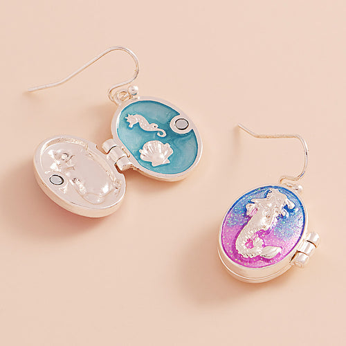 Enamel Oval Mermaid Locket Dangle Earrings - Purple
