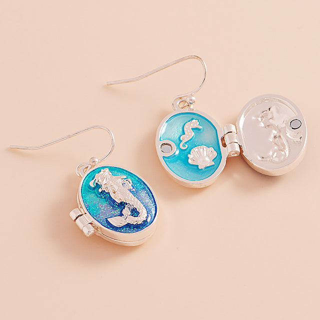 Madeline Love Turquoise Enamel Oval Mermaid Locket Dangle Earrings