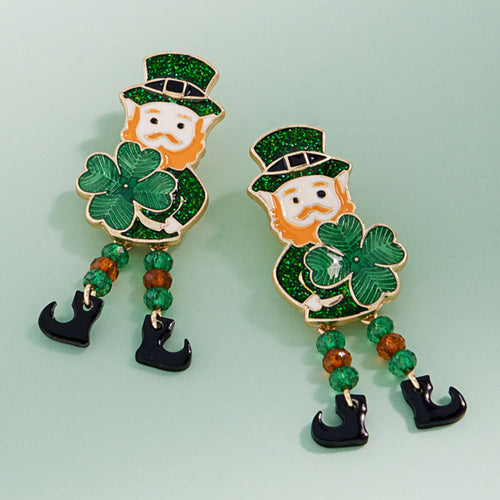 St Patricks Leprechaun Clover Earrings - Gold