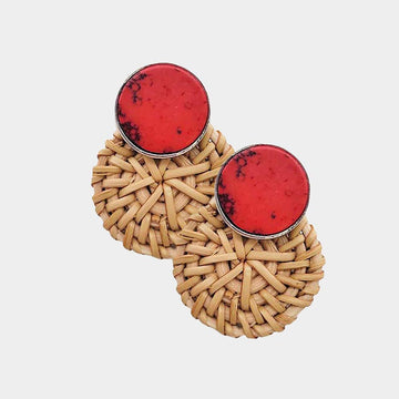 Madeline Love Coral Natural Stone Accented Woven Wood Round Earrings