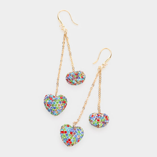 Dropped Rhinestone Pave Double Heart Dangle Earrings