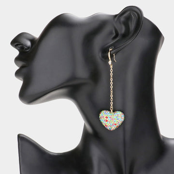 Dropped Rhinestone Pave Heart Dangle Earrings - Multi - Earrings