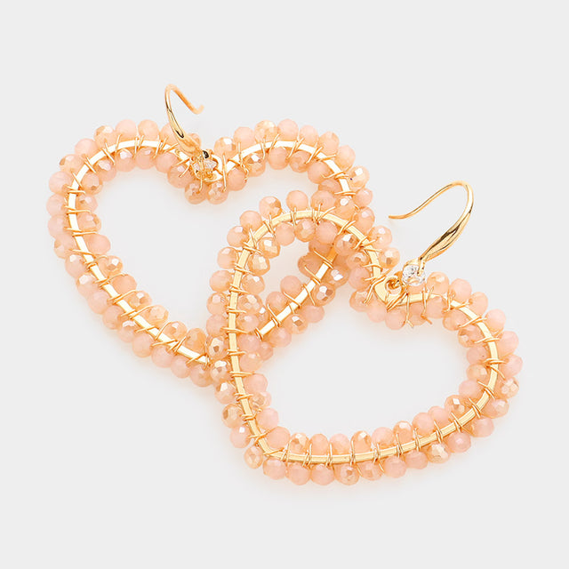 Faceted Bead Wrapped Open Heart Dangle Earrings - Dust Pink - Earrings
