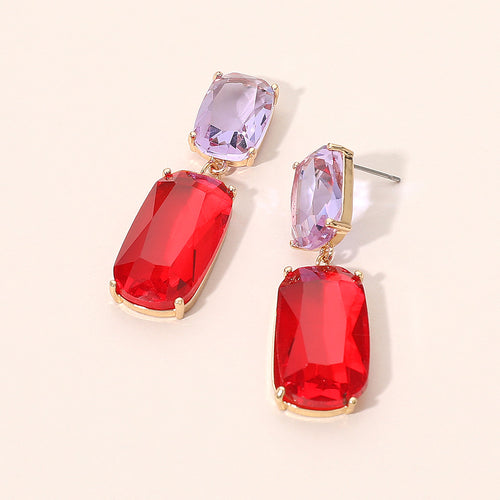 Rectangular Dual Gemstone Drop Earrings - Red