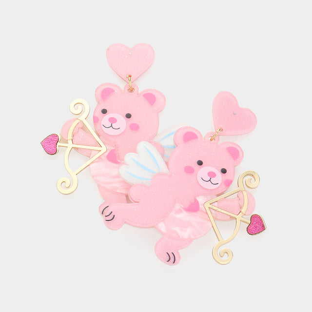 Resin Cupid Bear With Arrow Dangle Earrings - Pink - Earrings