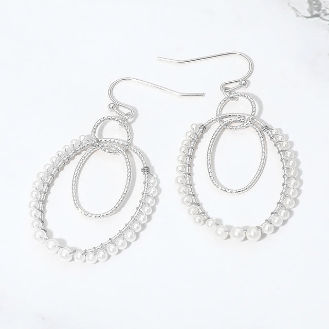 Madeline Love Cream, Rhodium Pearl Beaded Rim Geometric Oval Link Drop Earrings