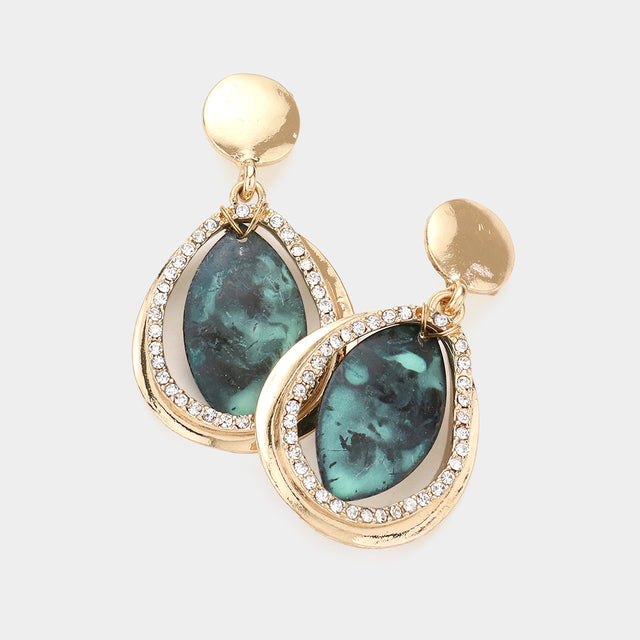 Madeline Love Gold, Patina Verdigris Rhinestone Trim Oval Metal Dangle Earrings
