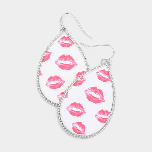 Lip Patterned Teardrop Dangle Earrings - Rhodium