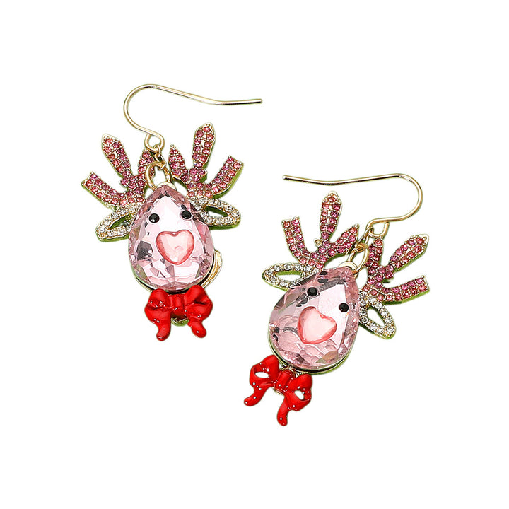Pink Glittered Crystal Reindeer Dangle Earrings