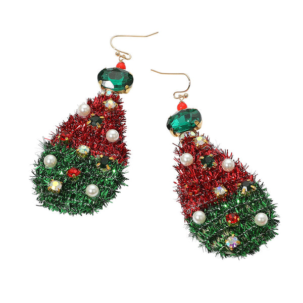 Gold Red, Stone Cluster Pearl Embellished Christmas Tinsel Teardrop Dangle Earrings
