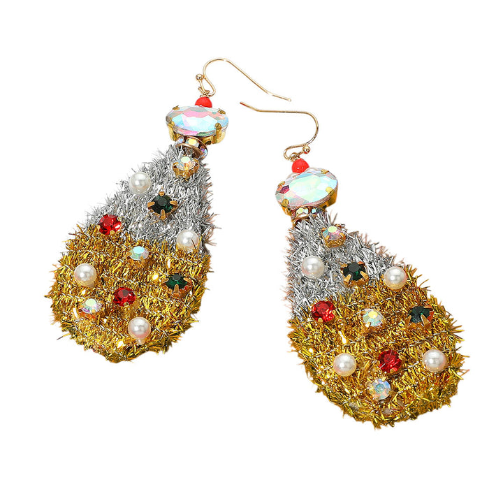Gold Silver, Stone Cluster Pearl Embellished Christmas Tinsel Teardrop Dangle Earrings
