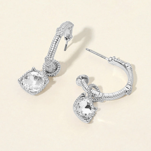 Madeline Love Clear, Rhodium Faceted Square Stone Cluster Drop Textured Hoop Earrings