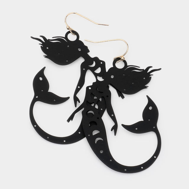 Black Cut Out Brass Metal Mermaid Dangle Earrings