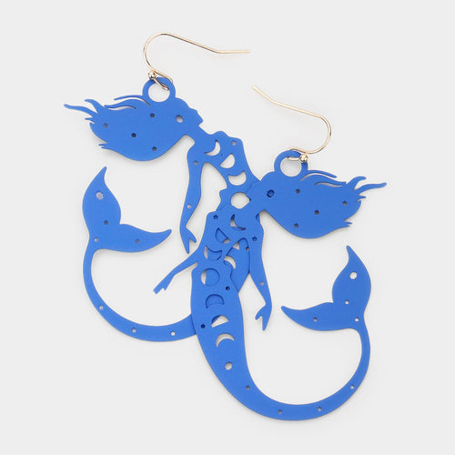 Brass Metal Cutout Mermaid Dangle Earrings - Blue