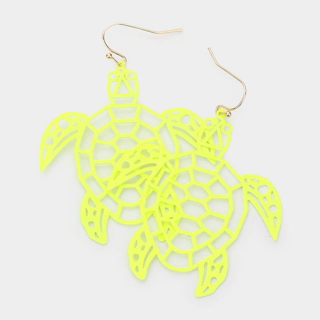 Madeline Love Neon, Yellow Brass Metal Cutout Turtle Dangle Earrings