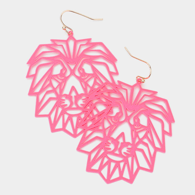 Madeline Love Neon, Pink Brass Metal Cutout Lion Dangle Earrings