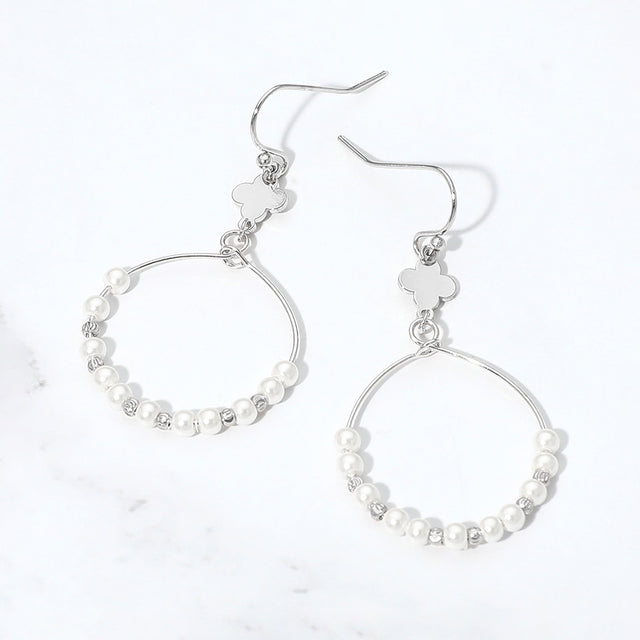 Madeline Love Cream, Rhodium Quatrefoil Accent Pearl Beaded Hoop Link Drop Earrings