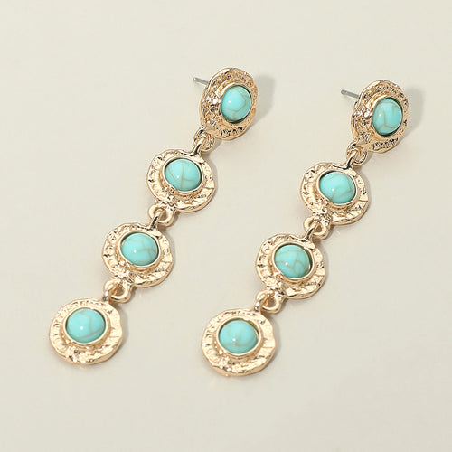 Stone Accent Textured Metal Frame Link Drop Earrings - Turquoise