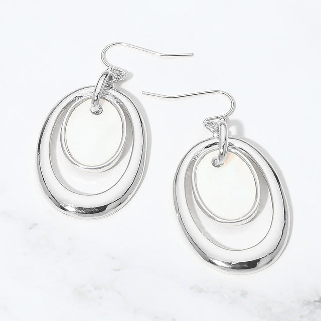Madeline Love Cream, Rhodium Oval Mother of Pearl Accent Layered Drop Earrings