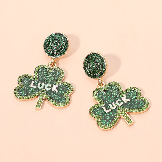 Madeline Love Gold, Green Glitter Luck Clover Drop Dangle Earrings