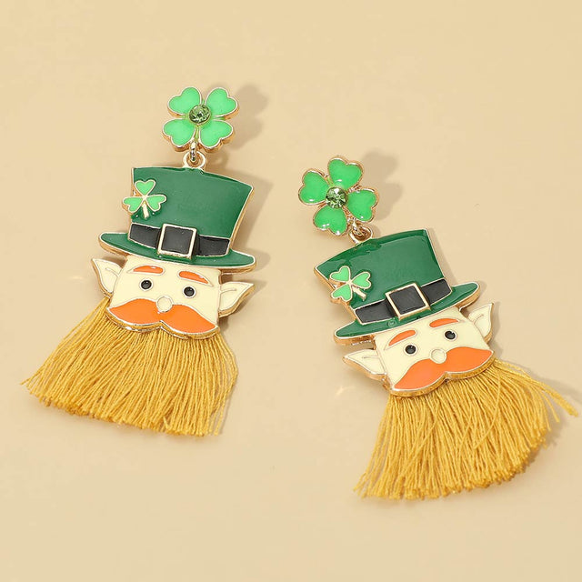 Madeline Love Gold, Green St Patricks Shamrock Clover Leprechaun Tassel Drop Earrings