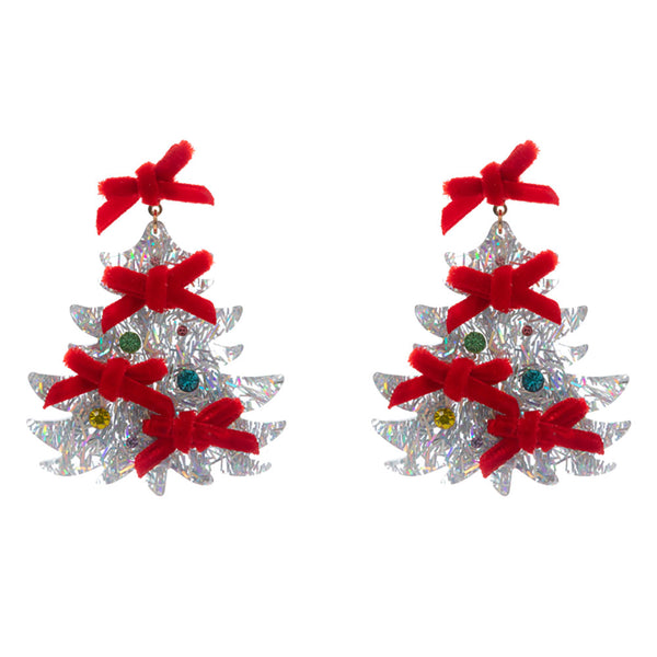 Multi Silver Bow Embellished Christmas Tree Dangle Earrings