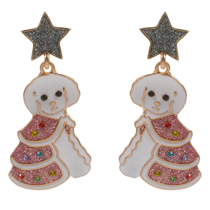 Pink Holiday Puppy Dangle Earrings