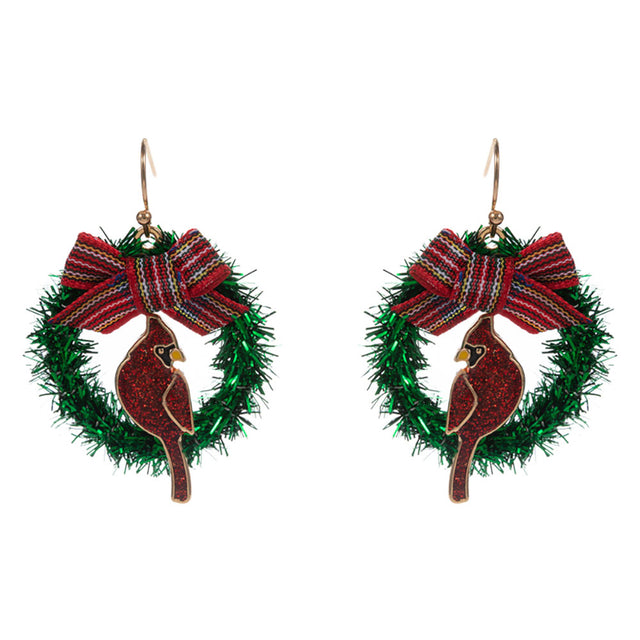 Gold Holiday Bow Accent Cardinal Wreath Dangle Earrings