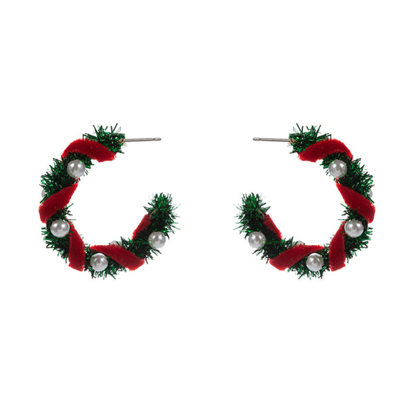 Green Red Pearl Accent Holiday Tinsel Hoop Earrings