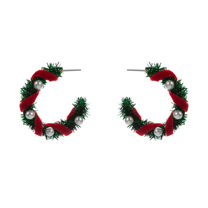Green Red Pearl Accent Holiday Tinsel Hoop Earrings