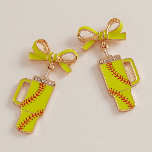 Madeline Love Yellow Bow Softball Themed Tumbler Dangle Earrings