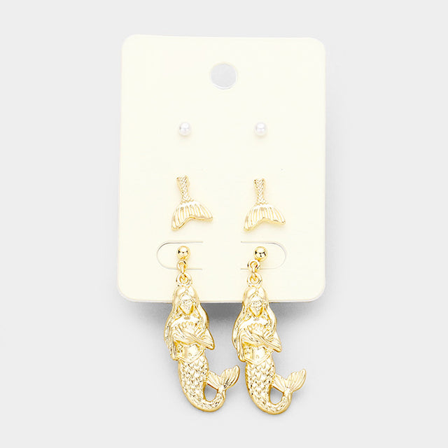 Gold 3Pairs Pearl Mermaid Earrings